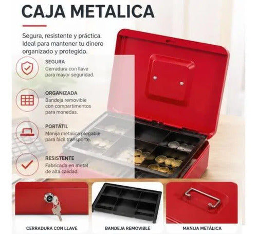 Caja Seguridad Metálica Roja 30x24x9cm Cerradura Llave Rojo