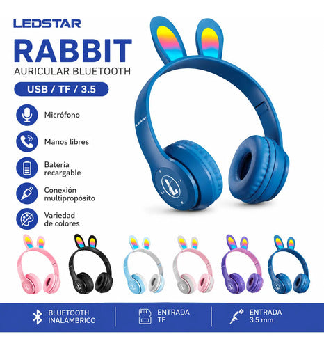 Auricular Infantil Bluetooth Rabbit Tf Mic Vincha Ajustable Rosa Con Gris