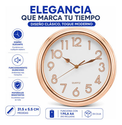 Reloj Pared Analogico Quartz Redondo 31,5cm Hogar Oficina Champagne Blanco
