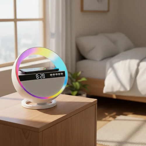 Parlante Bluetooth Cargador Inalámbrico Reloj Alarma Rgb Blanco