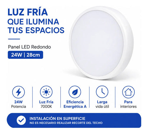 Panel Led Redondo Plafón 24w Luz Fría 7000k 28cm Blanco
