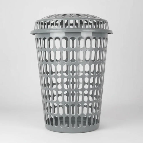 Canasto Cesto Ropa Tapa Plástico Calado Redondo Resistente Gris