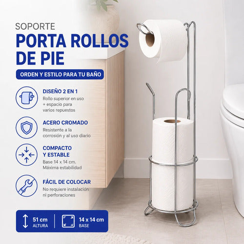 Soporte Portarrollos Baño Metalico Pie 51cm Papel Higienico Plateado