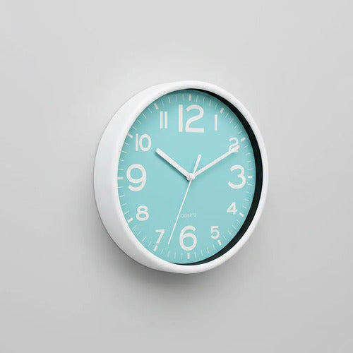 Reloj Decorativo Pared Plástico Redondo Analógico 19cm Blanco Celeste
