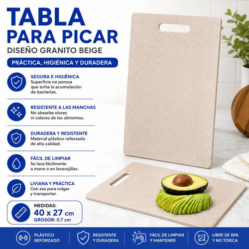 Tabla Cocina Plástico Resistente Corte Picar Reforzada 40cm Granito Beige