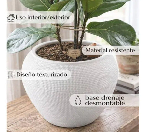 Maceta Plástica Decorativa Texturada Redonda Drenaje 18x24cm Blanco