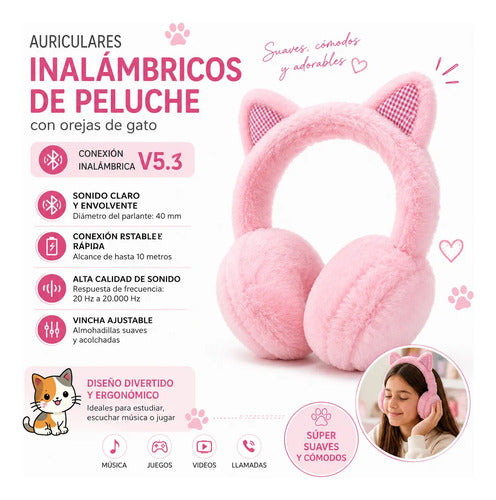 Auriculares Inalámbricos Peluche Orejas Gato V5.3 Rosa Rosa