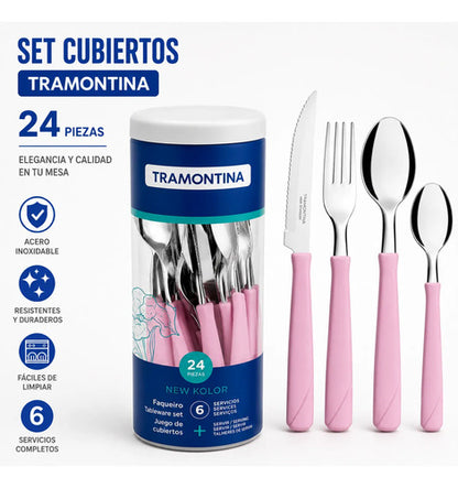 Set Juego De Cubiertos X24 Piezas Pote Acero Inoxidable Rosa
