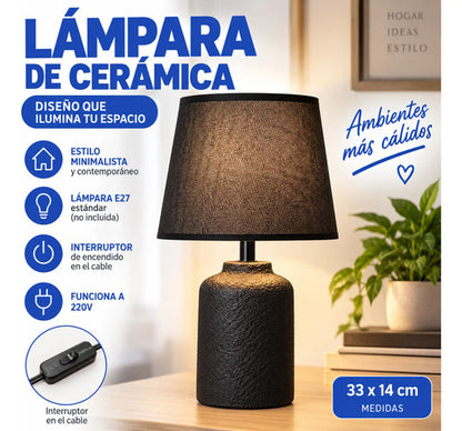 Lámpara De Mesa Cerámica Pantalla Tela E27 33cm Negro
