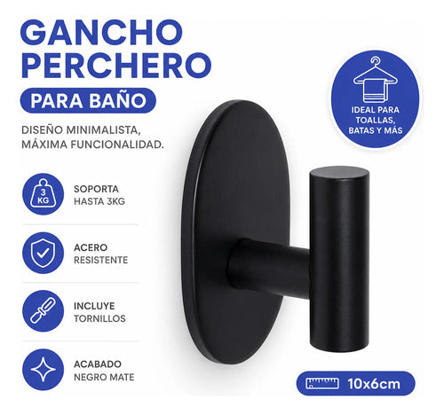 Gancho Perchero Baño Acero Pared 10x6cm Toalla Ropa Negro