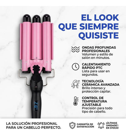 Rizador Buclera Ondas Profundas Triple Barril 220v Cilindro Rosa