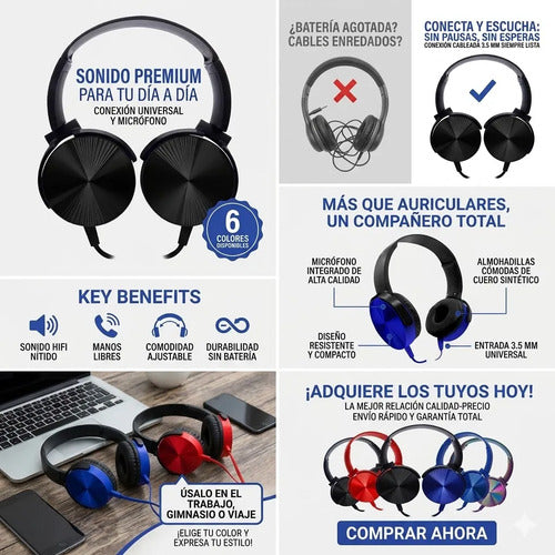 Auricular Cable Microfono Manos Libres Vincha Ajustable 3.5 Negro