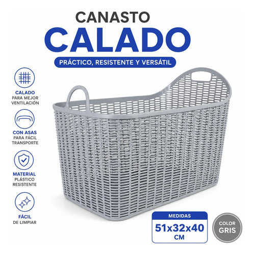 Canasto/cesto Asas Organizador Plástico Calado Multiuso 51cm Gris