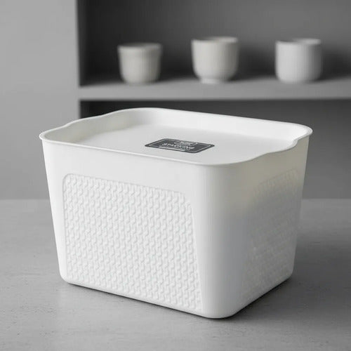 Canasto Caja Organizador Plastico Tapa 38cm Baño Cocina Blanco Texturado Tipo Tejido / Ratán Plástico