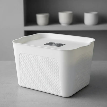 Canasto Caja Organizador Plastico Tapa 38cm Baño Cocina Blanco Texturado Tipo Tejido / Ratán Plástico