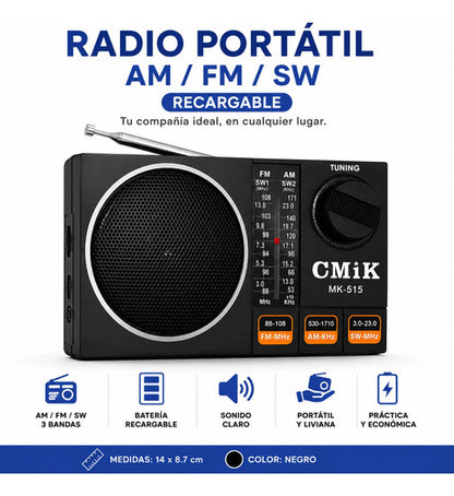 Radio Portátil Recargable Am Fm Sw 3 Bandas Analógica Mini Negro