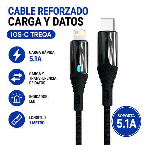 Cable Ios Carga Rapida 5.1a Led Reforzado 1m Carga Y Datos Negro
