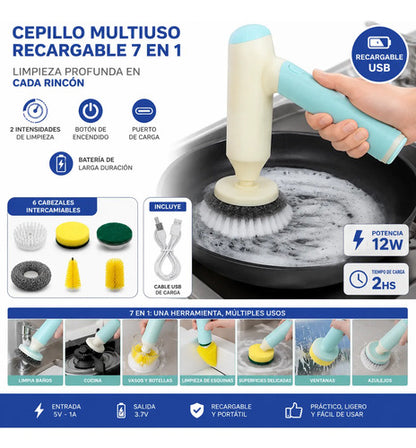 Cepillo Electrico Multiuso Limpiador 7 En 1 Recargable 12w Blanco Y Verde Agua / Celeste