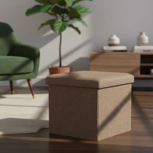 Puff Organizador Baul Taburete Plegable Tapa Acolchada 38cm Marrón Liso