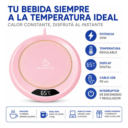 Base Calentadora Tazas Usb 20w Display Circular Eléctrico Rosa
