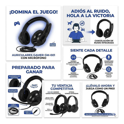 Auriculares Headset Gamer Microfono Cable 3.5mm Sonido 360 Negro