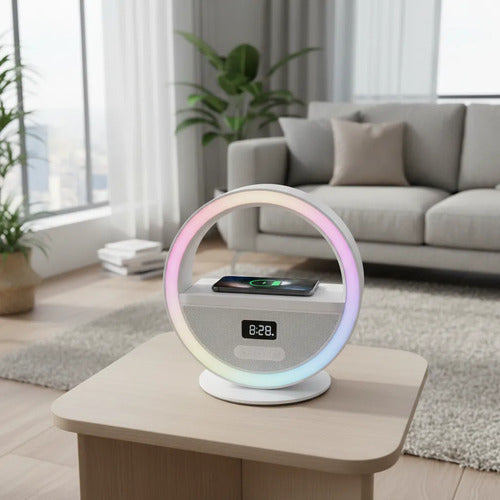 Parlante Bluetooth Cargador Inalámbrico Reloj Alarma Rgb Blanco