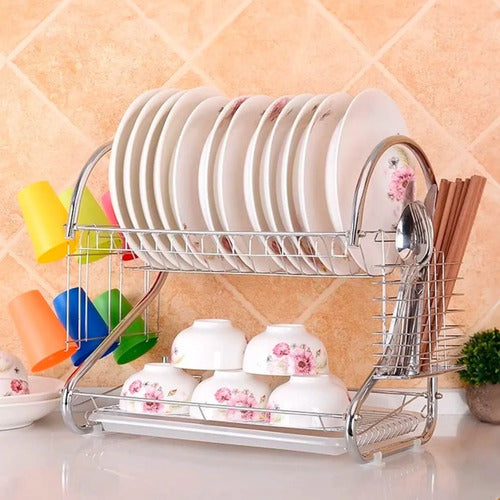 Escurridor De Platos Doble Piso Metal Cubiertos Secaplatos Plateado