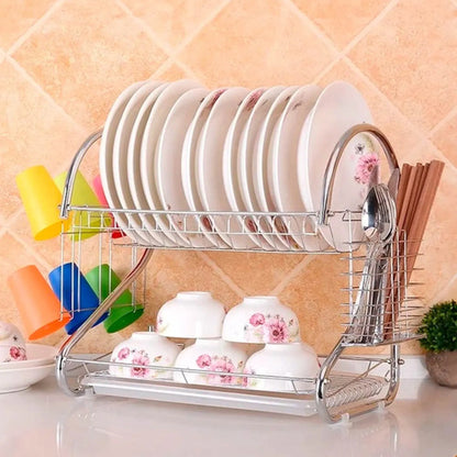 Escurridor De Platos Doble Piso Metal Cubiertos Secaplatos Plateado