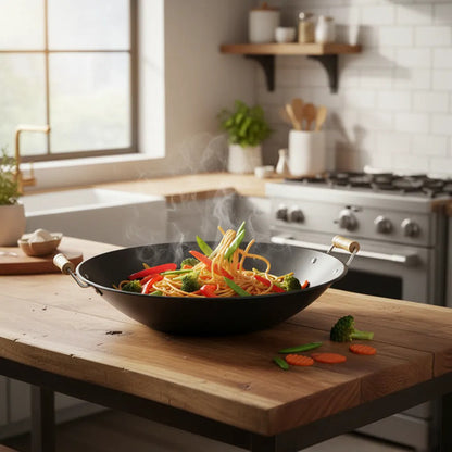 Sartén Wok Antiadherente Acero Carbono Cocina Asas Madera Negro