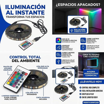 Tira Cinta Led Rgb 3m Usb Con Control Remoto Adhesiva Ip65 Rgb