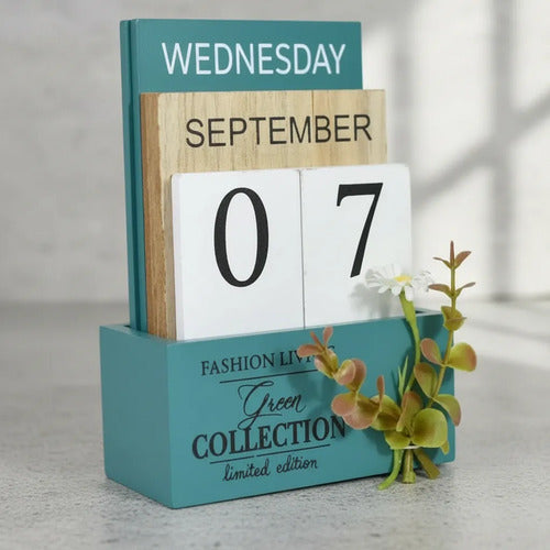 Calendario Escritorio Perpetuo 9 Bloques Madera 11x16x5cm Turquesa
