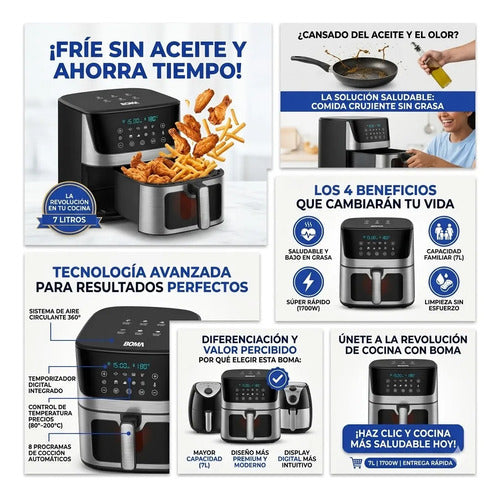 Freidora Horno Aire Sin Aceite 7 Litro Display Digital 1700w Negro