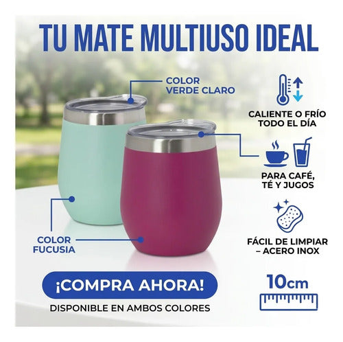Mate Termico Acero Inoxidable Tapa Bebidas Infusiones 230ml Verde Agua Liso