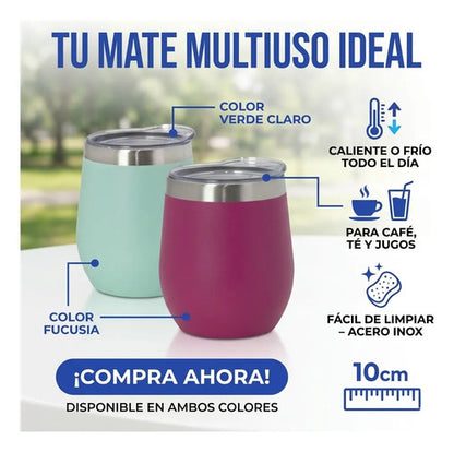 Mate Termico Acero Inoxidable Tapa Bebidas Infusiones 230ml Verde Agua Liso