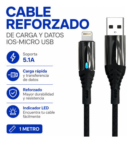 Cable Carga Rapida Ios Reforzado Carga Y Datos 1 Metro Usb A Negro