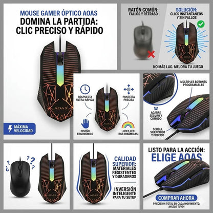 Mouse Gamer Optico Usb Rgb Botones Pc Notebook Laptop Raton Negro Mate