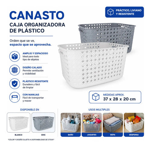 Caja Organizadora Canasto Plástico Calada 37x28x20 Cm Gris