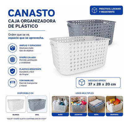 Caja Organizadora Canasto Plástico Calada 37x28x20 Cm Gris
