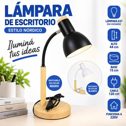Lámpara Mesa Escritorio Flexible Base Madera E27 Negro