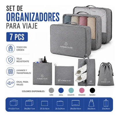Set Pack Organizadores Viaje 7 Piezas Valija Ropa Bolsas Gris