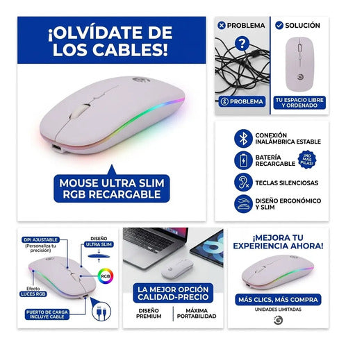 Mouse Inalambrico Recargable Rgb Slim Silencioso Usb Pc Mac Blanco