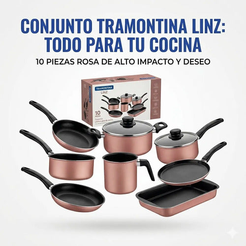 Juego Olla Sarten Diez Pieza Bateria Cocina Hogar Resistente Rosa