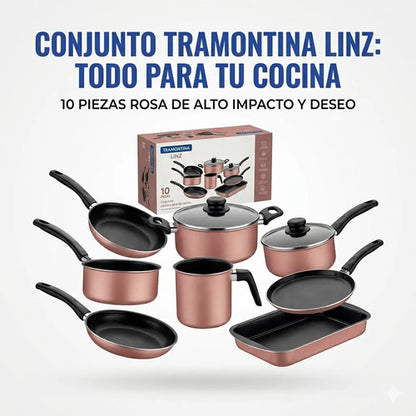 Juego Olla Sarten Diez Pieza Bateria Cocina Hogar Resistente Rosa