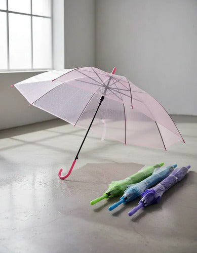 Paraguas Transparente Clasico Lluvias Mangos Plastico 55 Cms Rosado Verde Violeta Gris Y Celeste Nylon Transparente De Alta Densidad