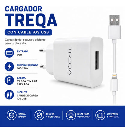 Cargador Pared Usb Cable Usb Ios Celular Carga Rapida 18w Blanco