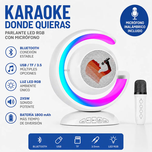 Parlante Karaoke Bluetooth Led Rgb Recargable Tf Usb Fm 3.5 Blanco