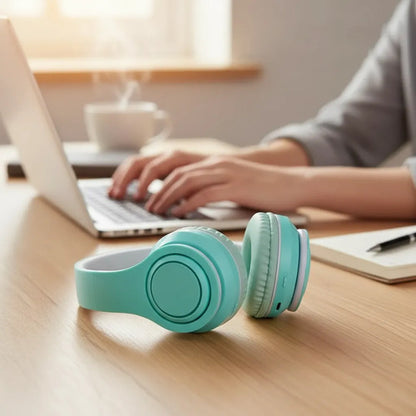 Auricular Bluetooth Usb Tf Plegable Vincha Ajustable 3.5 Hd Celeste