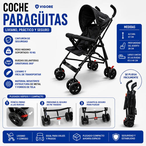 Coche Paragüitas Plegable Ruedas 360 ° Cinturón Seguridad Negro