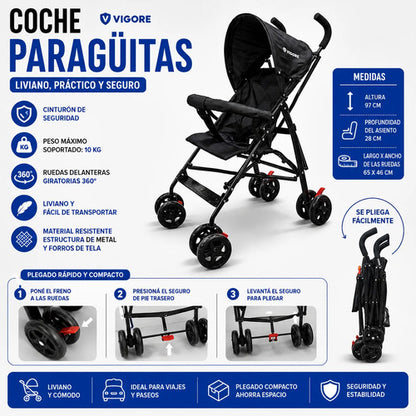 Coche Paragüitas Plegable Ruedas 360 ° Cinturón Seguridad Negro