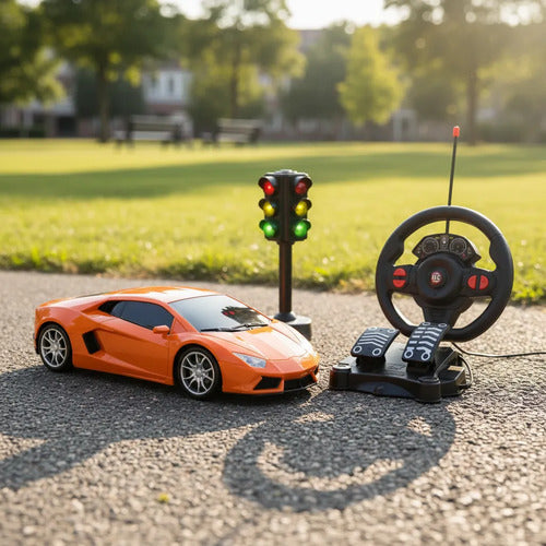 Auto Control Remoto Volante Pedalera Semáforo Luz Sonido Rc Rojo